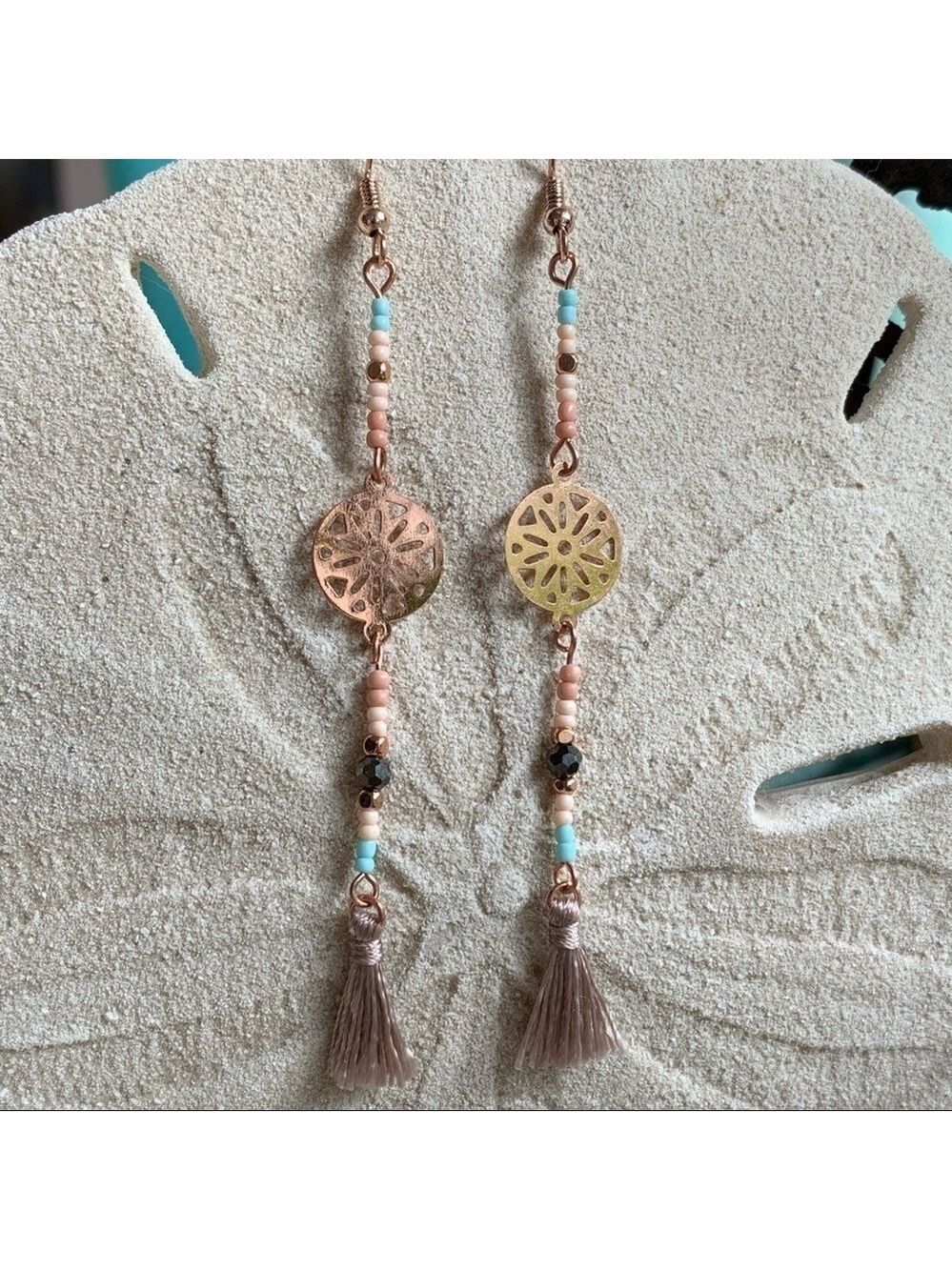 LAUREN CONRAD Boho beaded tassel medallion earrings rose gold coastal cowgirl